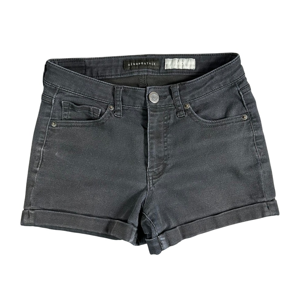 Aeropostale Womens Midi Denim Shorts Black Cuffed Stretch Size 2 Mid Rise